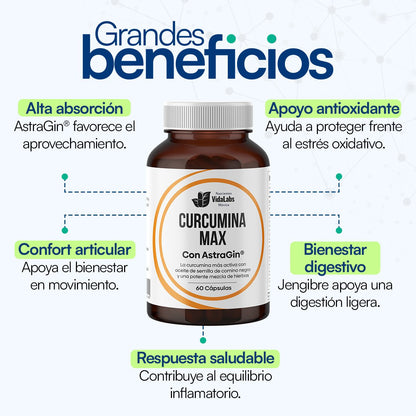 Curcumina Max con AstraGin de Wohl VidaLabs | Antioxidante, bienestar articular, digestión ligera  | 60 Cápsulas