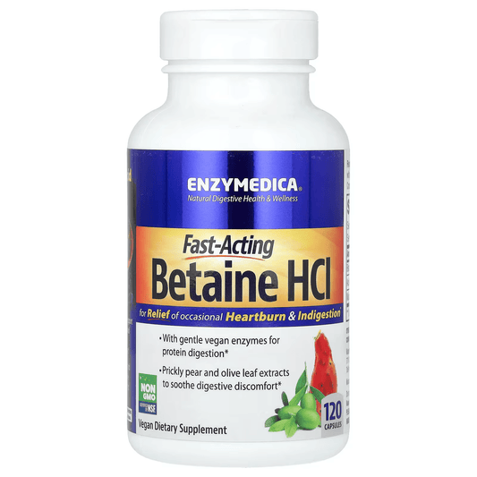 Betaína HCI de Acción Rápida con Extracto de Higo Chumbo y Hoja de Olivo, Enzimas Veganas de Enzymedica para la Digestión de Proteínas y Alivio de Acidez y Mala Digestión | 120 Cápsulas Veganas