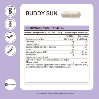 NutroxSun, Astaxantina y Genisteína Buddy Sun Matter 757 mg | Protección Solar y Salud de la Piel | 60 Cápsulas Vegetales