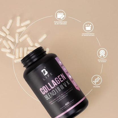 Mezcla de Colágeno + Ácido Hialurónico | B-Life | Fortalece Piel, Cabello y Uñas | 180 cápsulas