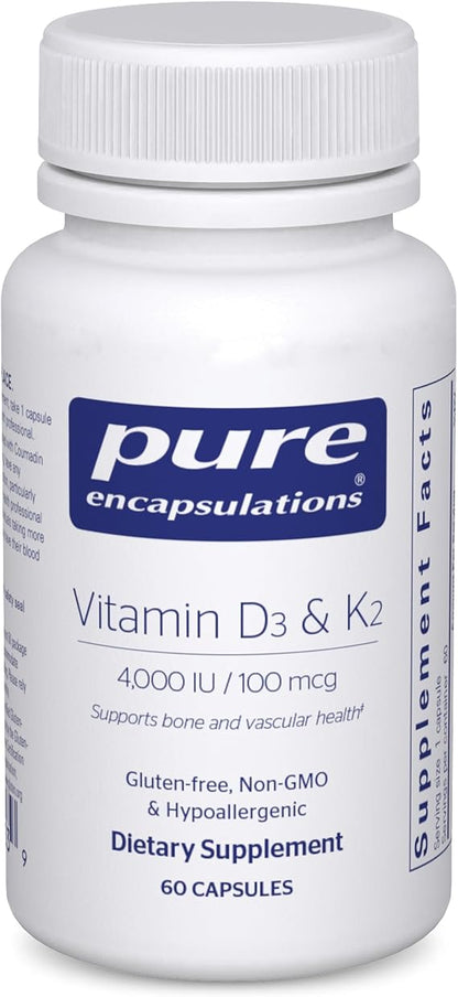 Vitamin D3 & K2 Pure Encapsulations 4000 UI y 100 mcg | Apoya la salud Ósea y Váscular | 60 cápsulas