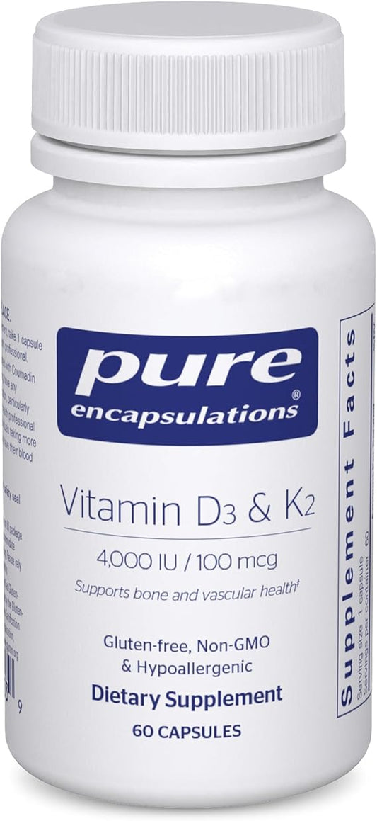 Vitamin D3 & K2 Pure Encapsulations 4000 UI y 100 mcg | Apoya la salud Ósea y Váscular | 60 cápsulas