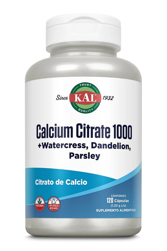 Citrato de Calcio 1000mg de KAL con Hoja de Berro, Diente de León y Extracto de Perejil | Fortalecimiento de huesos y dientes, Función muscular | 120 cápsulas