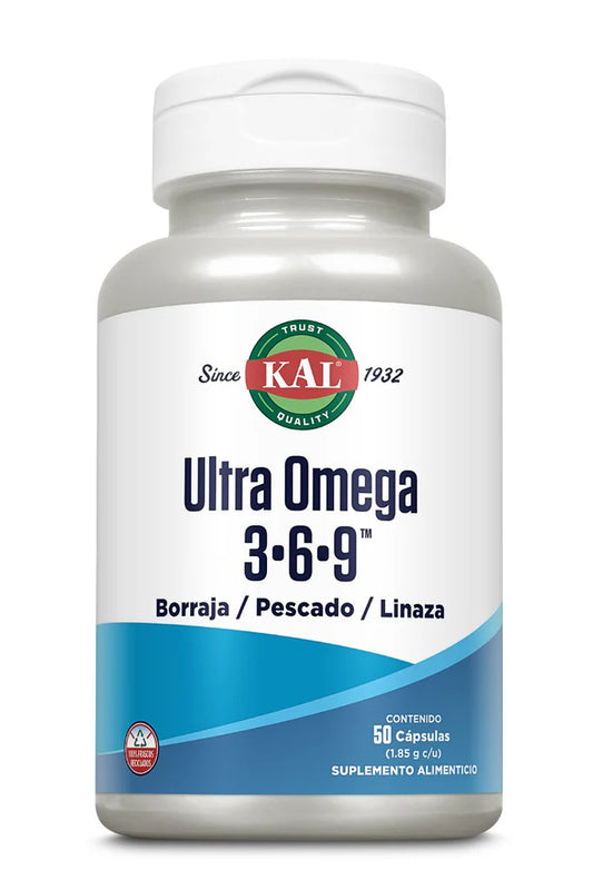 Ultra Omega 3-6-9 Borraja, Pescado y Linaza de KAL con Vitamina E | Sistema cardiovascular, colesterol, triglicéridos y función arterial | 50 cápsulas blandas