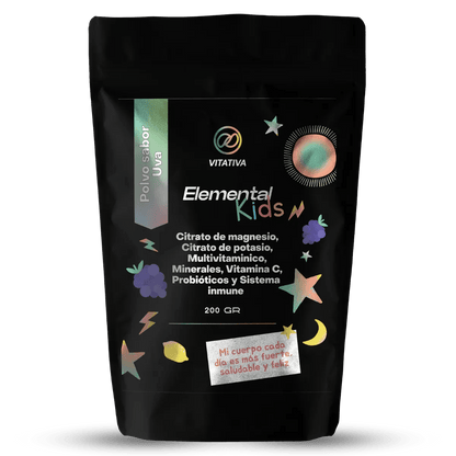 Citrato de Magnesio y Potasio, Multivitaminas y Minerales con Probióticos de Vitativa Elemental Kids - Nutrición infantil | Apoyo Inmunológico | Presentación de 200g de diferentes sabores