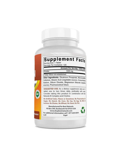 Inositol de Best Naturals | Soporte Celular, Nervioso y Equilibrio Mental | 1000 mg 120 Tabletas