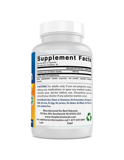 Estroncio de Best Naturals | Fortalecimiento Óseo y Mantenimiento Articular | 680 mg por Porción 90 Cápsulas