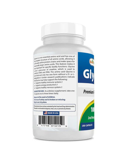 Glicina de Best Naturals | Apoyo Relajante y Metabólico | 1000 mg 180 Cápsulas