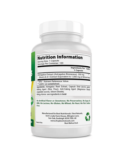 Extracto de Astrágalo de Best Naturals | Fortalecimiento del Sistema Inmunológico y Acción Antioxidante Poderosa | 1000 mg 120 Cápsulas