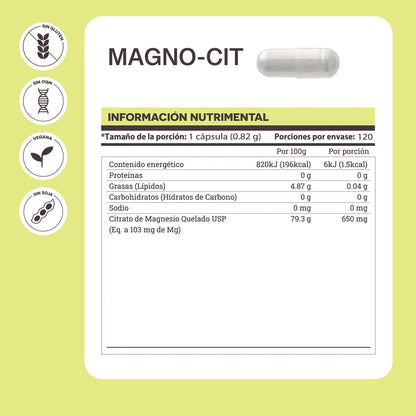 Citrato de Magnesio Quelado Magno-Cit Matter 820 mg | Bienestar Muscular y Nervioso | 120 Cápsulas Vegetales