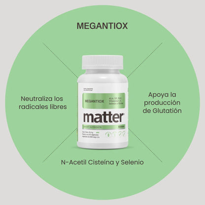 Fórmula Exclusiva con ALA, I3C, NAC, Vitamina C, Vitamina E, Selenio y Glicina 860mg - Antioxidantes Megantiox Matter | Apoya la producción de glutatión y protege al organismo contra el daño oxidativo | 60 Cápsulas Vegetales