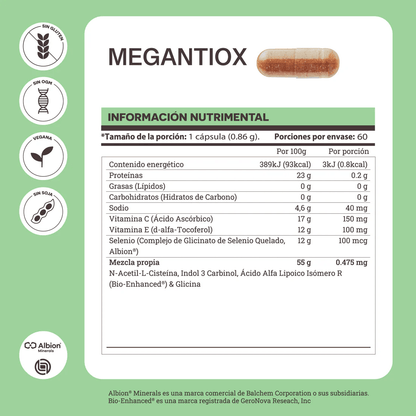 Fórmula Exclusiva con ALA, I3C, NAC, Vitamina C, Vitamina E, Selenio y Glicina 860mg - Antioxidantes Megantiox Matter | Apoya la producción de glutatión y protege al organismo contra el daño oxidativo | 60 Cápsulas Vegetales