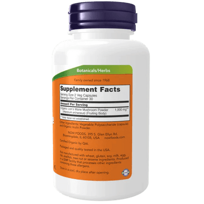 Melena de León Orgánica 500 mg de Now Foods | Apoya el bienestar cognitivo | 60 Cápsulas Vegetales