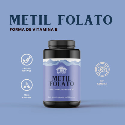 Metil Folato - Vitamina B9 + Levadura nutricional 500mg de Tibet Natura | Apoya la función cerebral y cardiovascular al contribuir a la reducción de los niveles de homocisteína | 60 cápsulas vegetales
