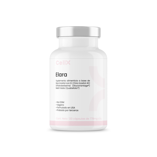| Elara de CellX | Myo Inositol con D-Chiro Inositol 40:1, Dihidrberberina GlucoVantage®, Ácido R Lipoico , Metilfolato Quatrefolic®, Bisglicinato de Magnesio Albion  120 Cápsulas