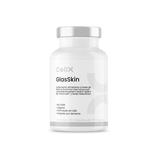 Ceramidas Myoceram®, Eternalyoung®, Ácido R Lipoico, DMAE, Ácido Hialurónico, Astaxantina, Vitamia A, B5, C y E, Zinc | GlasSkin  de Cellx | 60 Cápsulas