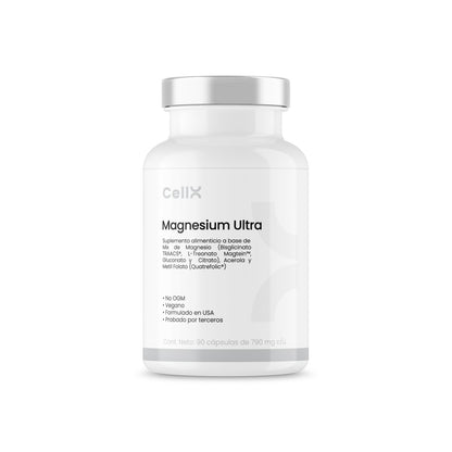 Magnesium Ultra de CellX | Blend (combinado) de Magnesio, Quatrefolic®, Vitaminas B1, B2, B3, B5, B6, B12, D3, K2 y Biotina, Acerola extracto 90 Cápsulas