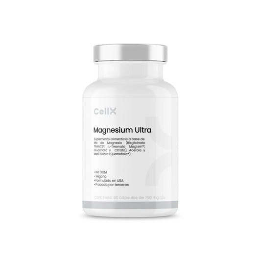 | Magnesium Ultra de CellX | Blend (combinado) de Magnesio, Quatrefolic®, Vitaminas B1, B2, B3, B5, B6, B12, D3, K2 y Biotina, Acerola extracto 90 Cápsulas