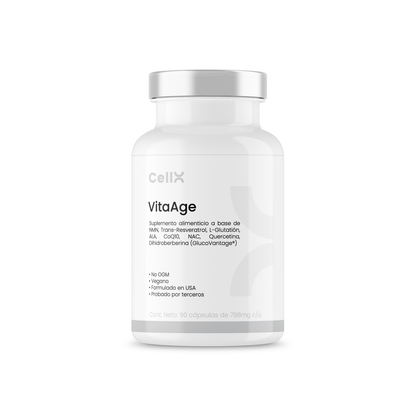 | VitaAge de Cellx | Dihidroberberina GlucoVantage®, ALA, NMN, TrueBroc®, Trans-Reveratrol, Quercetina, Glutation, NAC, Fisetina, CoQ10, Fucoidan, Espermidina, PQQ, Astaxantina, L-Seleniometionina, Vitamina C, E, D3 y K2 90 Cápsulas