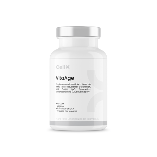 | VitaAge de Cellx | Dihidroberberina GlucoVantage®, ALA, NMN, TrueBroc®, Trans-Reveratrol, Quercetina, Glutation, NAC, Fisetina, CoQ10, Fucoidan, Espermidina, PQQ, Astaxantina, L-Seleniometionina, Vitamina C, E, D3 y K2 90 Cápsulas