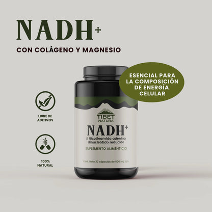 NADH+, Colágeno hidrolizado y Citrato de magnesio 500 mg de Tibet Natura | Incrementa la Energía Celular mejorando la Resistencia y la Vitalidad  | 30 cápsulas vegetales