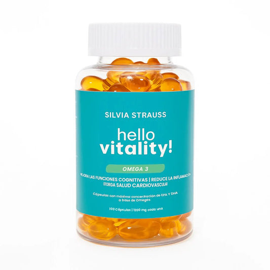 Omega 3 EPA - DHA + Vitamina E 1400mg, Hello Vitality! Silvia Strauss | Apoyo Cardiovascular, Ocular y Cerebral con propiedades antiinflamatorias | 100 cápsulas