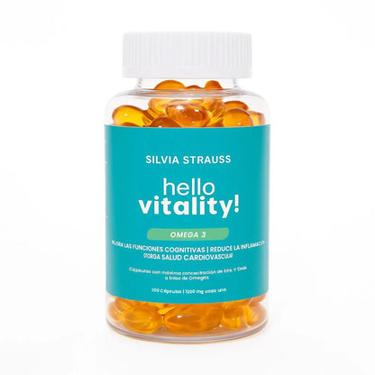 Omega 3 EPA - DHA + Vitamina E 1400mg, Hello Vitality! Silvia Strauss | Apoyo Cardiovascular, Ocular y Cerebral con propiedades antiinflamatorias | 100 cápsulas