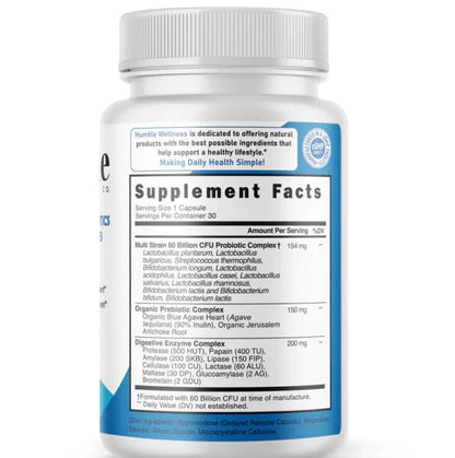 Probióticos 60 Mil Millones UFC + Prebióticos + Enzimas Digestivas de Humble | Bienestar Digestivo | 30 Cápsulas