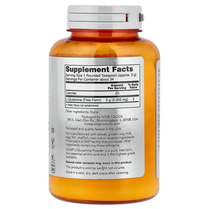 L-Glutamina en Polvo de NOW Sports 5000 mg | Mantenimiento de la masa muscular, bienestar intestinal | 170 g 34 Porciones