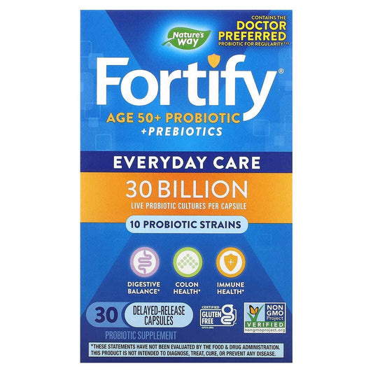 Probiótico Fortify + Prebióticos para mujeres mayores de 50 años, 30 mil millones CFU de Nature's Way con 10 cepas | 30 cápsulas de liberación retardada