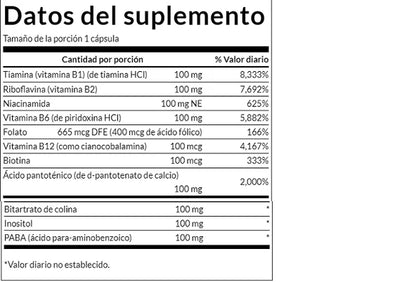 Vitaminas del complejo B + Colina + Inositol + PABA de Swanson | Promueve un metabolismo saludable con energía y vitalidad | 100 cápsulas vegetales