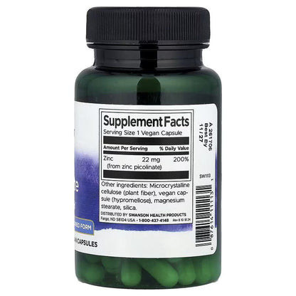 Picolinato de Zinc 22mg de Swanson | Ayuda a la cicatrización de la piel, promoviendo el metabolismo celular | 60 cápsulas vegetales