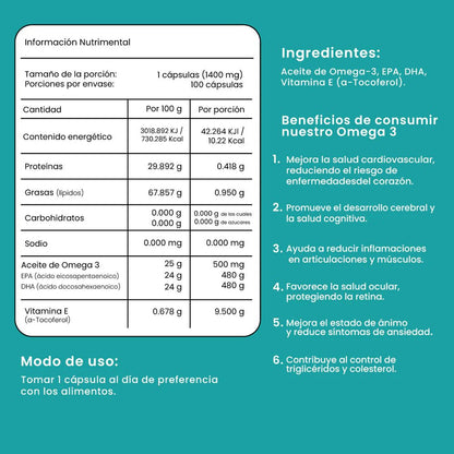 Omega 3 EPA - DHA + Vitamina E 1400mg, Hello Vitality! Silvia Strauss | Apoyo Cardiovascular, Ocular y Cerebral con propiedades antiinflamatorias | 100 cápsulas