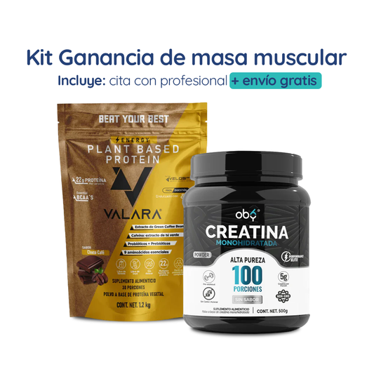 Kit completo para la Ganancia de Masa Muscular | Proteína vegetal 22g BCAA´s esenciales, probióticos y prebióticos + Creatina monohidratada