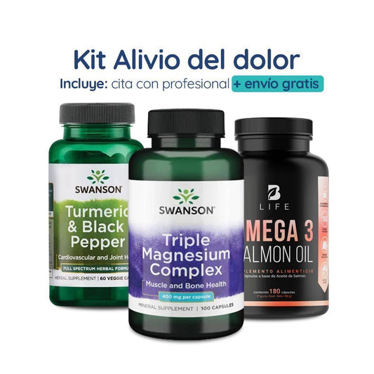 Kit completo para el Alivio del Dolor | Cúrcuma y Pimienta Negra, Omega 3 de Salmón, Complejo Triple Magnesio