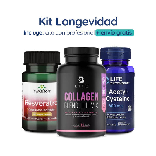 Kit completo para la Longevidad | NAC 600mg, Mezcla de Colágeno, Resveratrol