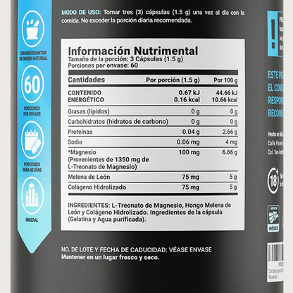 L-Treonato de Magnesio, Melena de León y Colágeno Hidrolizado Threonate Mag de B-Life | 180 Cápsulas