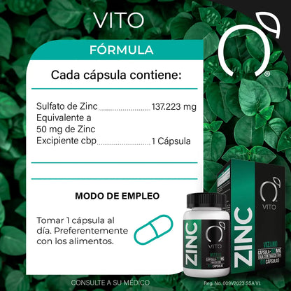 DUO: Zinc 50mg por cápsula de Vito | Contribuye al fortalecimiento del sistema inmune | Duo con 180 cápsulas vegetales